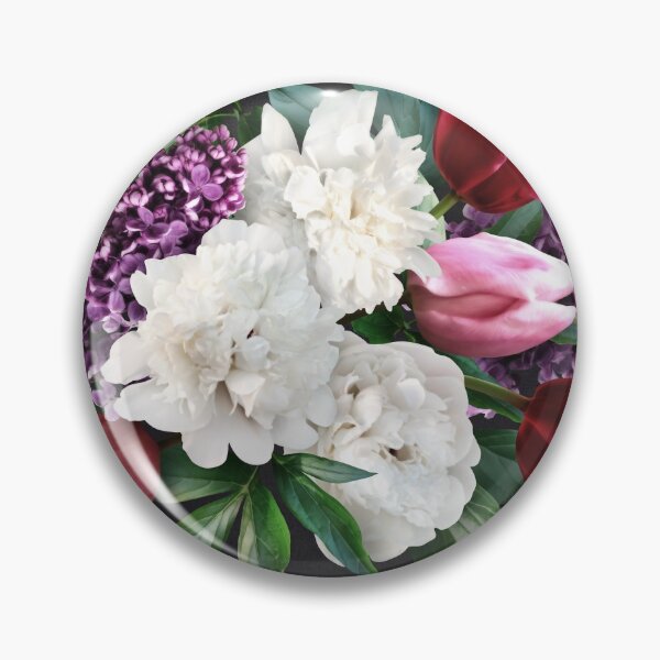 Artikelvorschau, Blumenstrauß aus weißen Pfingstrosen, lila Flieder und roten Tulpen entworfen und verkauft von RinaMDesigns.