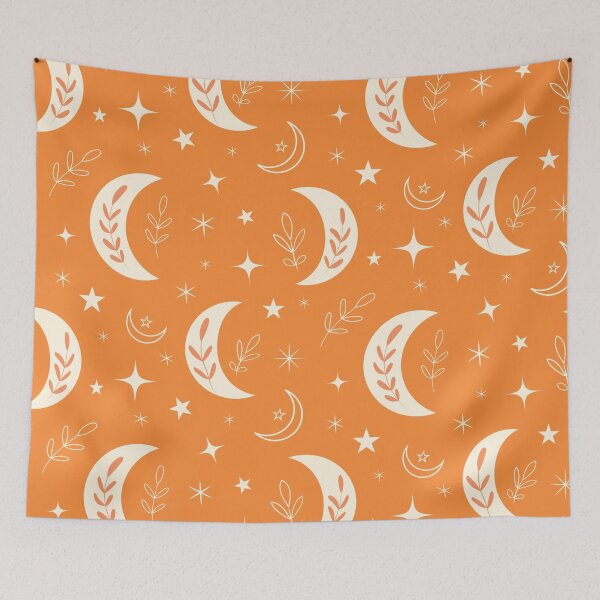 Item preview, Boho Moon Pattern with Leaves and Stars on Orange  designed and sold by Yasminepatterns .