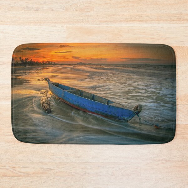 Item preview, Blue boat moored at sunset photography, Boat in the waves crashing on the shore designed and sold by Akbarudi.