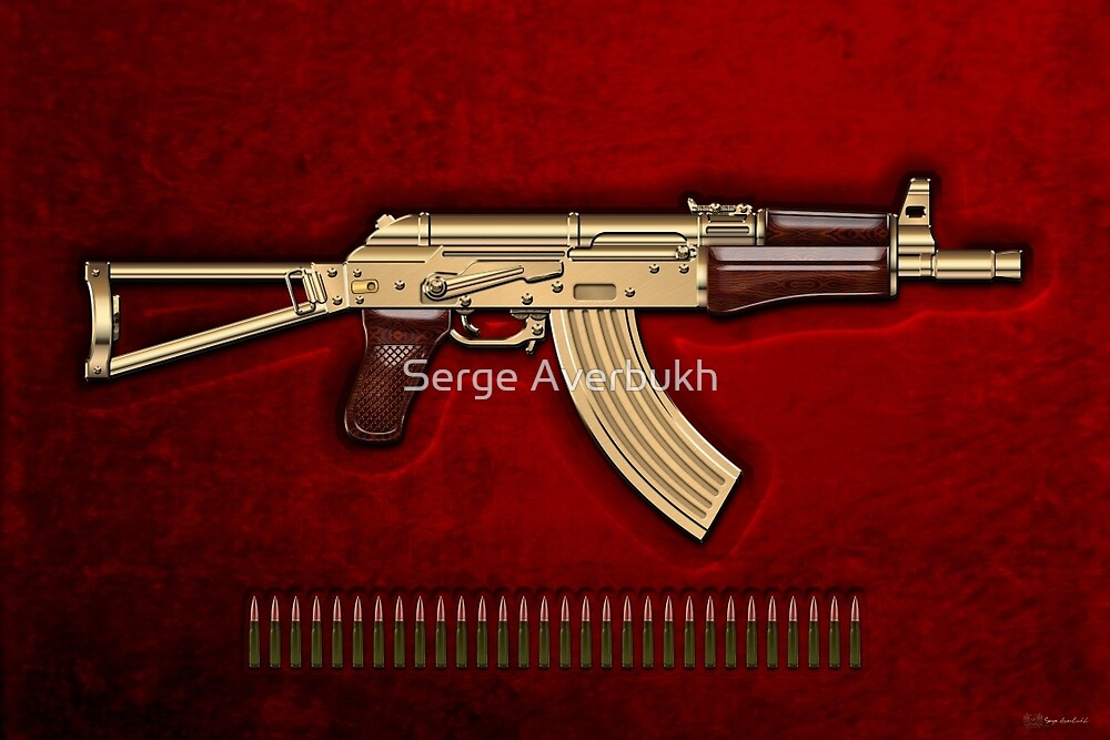 Gold Aks 74u Assault Rifle With 5 45x39 Rounds Over Red Velvet By