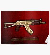 Gold AKS-74U Assault Rifle with 5.45x39 Rounds over Red Velvet Poster