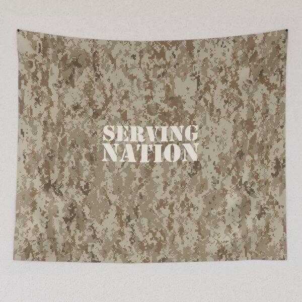 Item preview, NWU type II AOR-1, desert digital camouflage pattern swatch. US. Marines, US. Navy text: SERVING NATION typographic designed and sold by NineJuly.