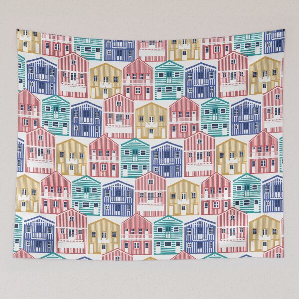 Item preview, Colourful Portuguese houses // white background yellow red blue and teal Costa Nova inspired houses designed and sold by SelmaCardoso.