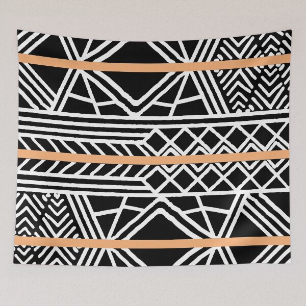 Artikelvorschau, Orange Black White Mud Cloth Stripe Pattern Pairs DE 2022 Popular Color Market Melon DE5199 entworfen und verkauft von ColorOfTheYears.