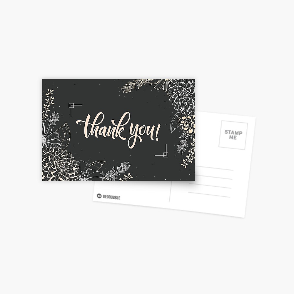 Thank You card calligraphy pastel flowers black background