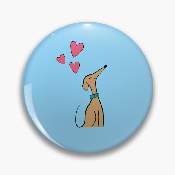 Drawing of a greyhound in love with blue background and hearts Pin