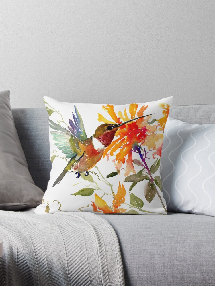 Aperçu 1 sur 4. Coussin avec l'œuvre Colibri et fleurs d'oranger créée et vendue par surenart.