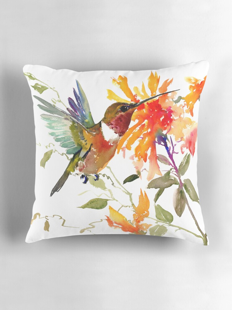 Aperçu 3 sur 4. Coussin avec l'œuvre Colibri et fleurs d'oranger créée et vendue par surenart.