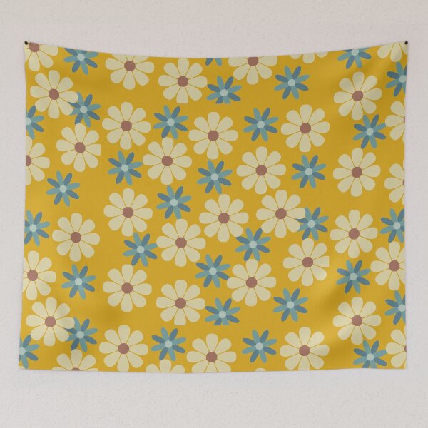 Item preview, 60s Retro Vintage Flowers Sixties Daisies Yellow Golden Blue Pale Flowers on Sunset Yellow  designed and sold by fairy-taler.