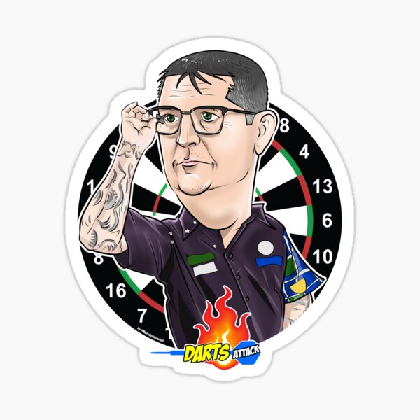 Vista previa del artículo con la obra «Caricatura de Gary Anderson por Darts Attack», diseñado y vendido por Squiz Art.
