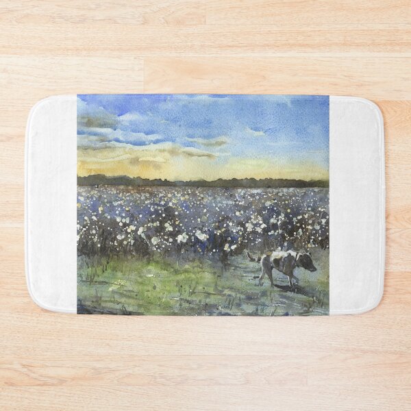 Item preview, Dog walking near cotton field.  Colorful watercolor landscape painting dog  designed and sold by rfoxphoto.