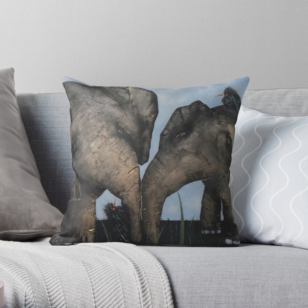 Wacky Birds on Baby Elephants Throw Pillow