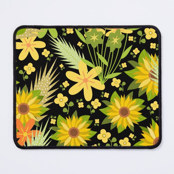 Item preview, Sunflower and flowers on the black background, floral pattern designed and sold by SpringForever.