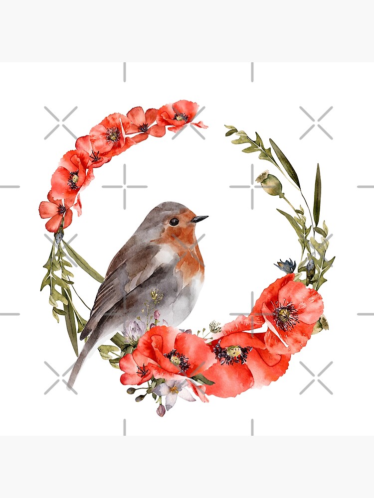 Watercolor robin bird on a red poppy wreath spring illustration