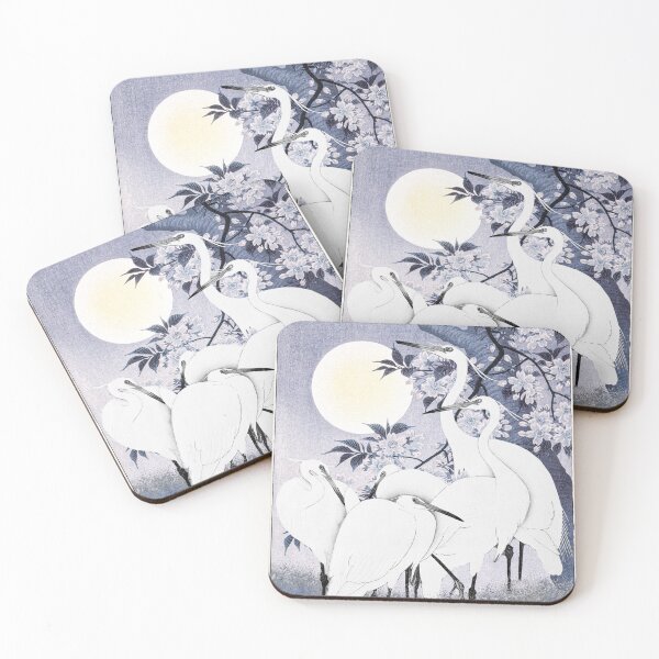 Item preview, Vintage Japanese Cold five Egrets, Small White Herons In Bright Cold Moonlight designed and sold by TrulyEpoque.
