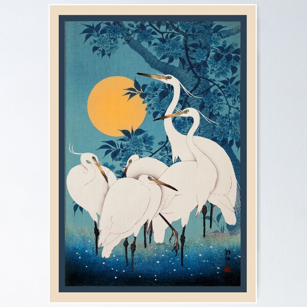Item preview, Vintage Japanese Egret Small White Heron In Bright Moonlight designed and sold by TrulyEpoque.