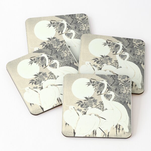Item preview, Vintage Japanese Sepia Tone five Egrets, Small White Herons In Bright Moonlight designed and sold by TrulyEpoque.