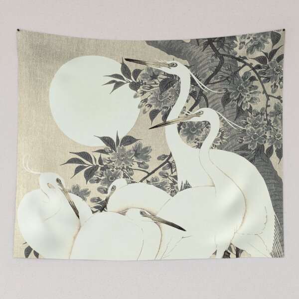 Item preview, Vintage Japanese Sepia Tone five Egrets, Small White Herons In Bright Moonlight designed and sold by TrulyEpoque.