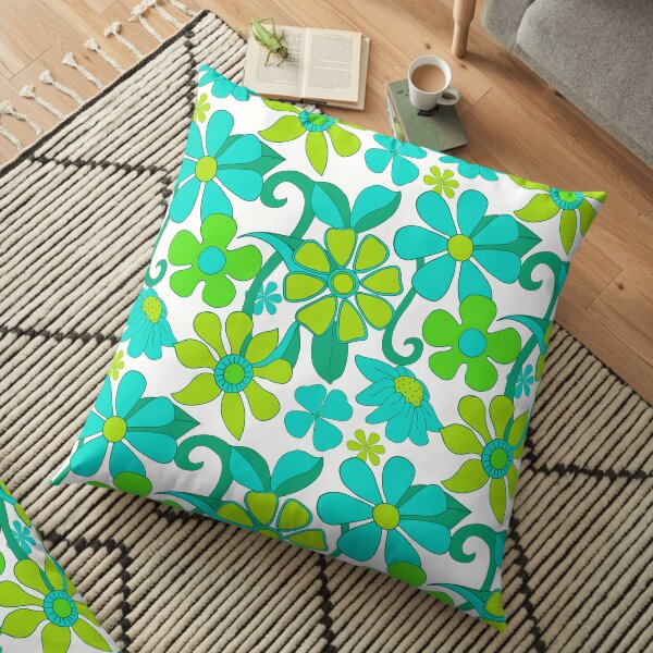 Retro 60s Green Blue Hippie Flowers Pattern Floor Pillow