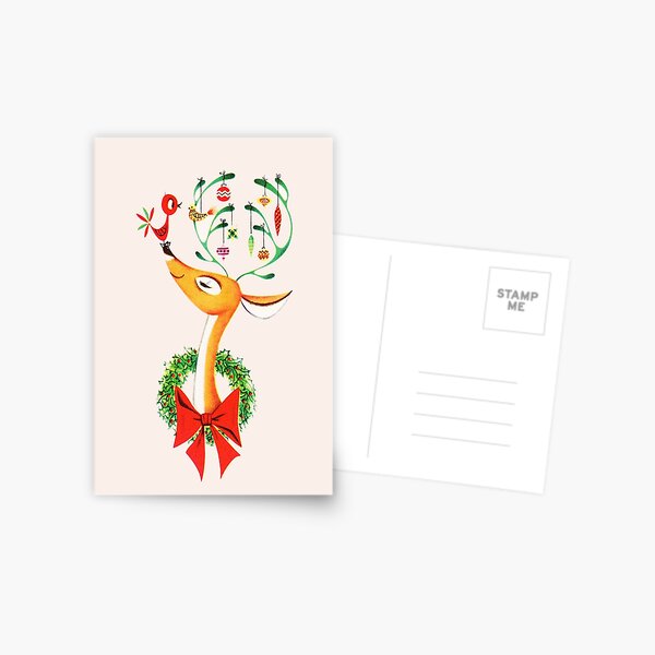 Item preview, Vintage Mid Century Christmas Card Reindeer with Wreath & Bird designed and sold by Designs by Kool Kat.