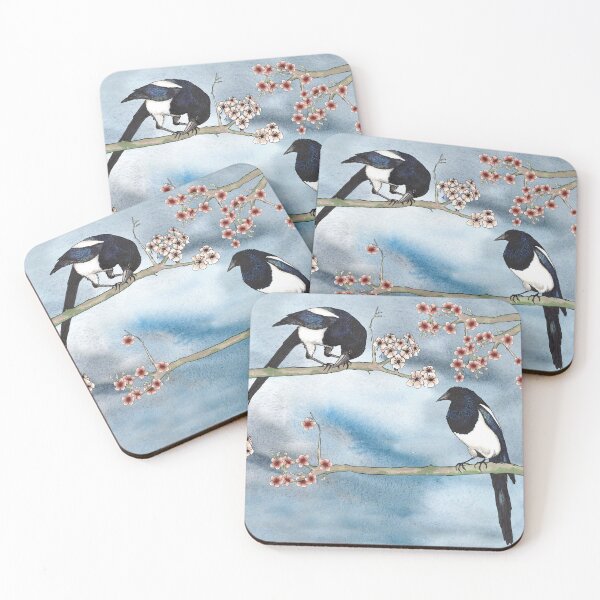 Item preview, Two Magpies Courting in the Cherry Orchard designed and sold by WildBirdArt.