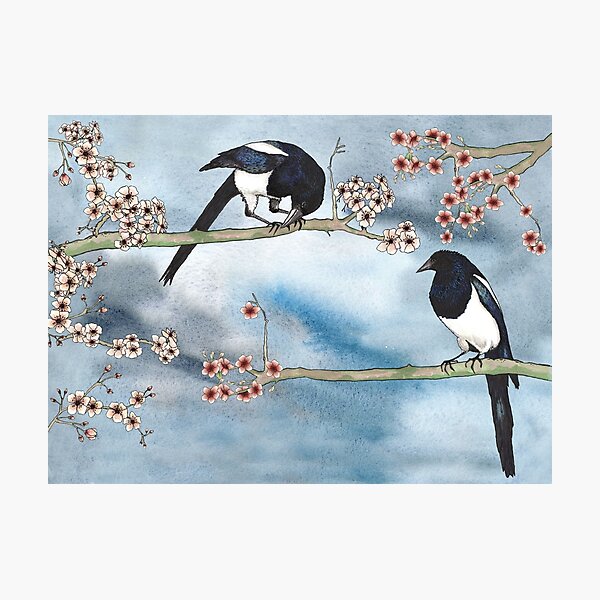 Item preview, Two Magpies Courting in the Cherry Orchard designed and sold by WildBirdArt.