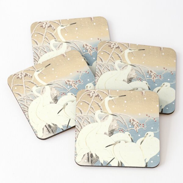 Item preview, Vintage Japanese five Egrets, Small White Herons In Snow designed and sold by TrulyEpoque.
