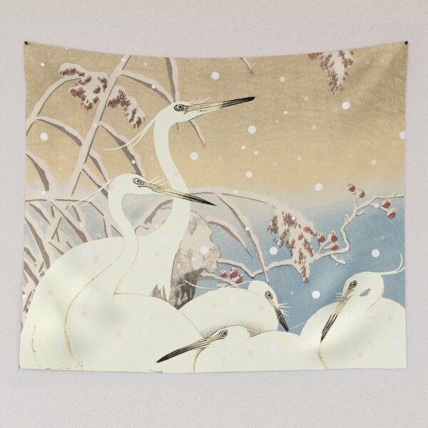 Item preview, Vintage Japanese five Egrets, Small White Herons In Snow designed and sold by TrulyEpoque.
