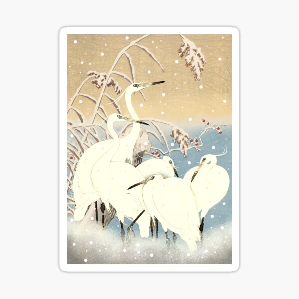 Item preview, Vintage Japanese five Egrets, Small White Herons In Snow designed and sold by TrulyEpoque.