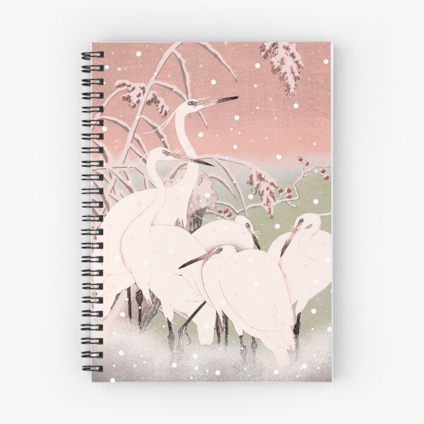 Item preview, Beautiful Cute Vintage Japanese Pastel Pink five Egrets, Small White Herons In Snow designed and sold by TrulyEpoque.