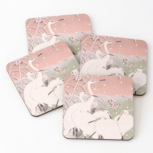 Item preview, Beautiful Cute Vintage Japanese Pastel Pink five Egrets, Small White Herons In Snow designed and sold by TrulyEpoque.