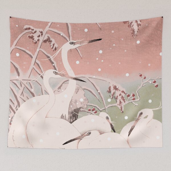 Item preview, Beautiful Cute Vintage Japanese Pastel Pink five Egrets, Small White Herons In Snow designed and sold by TrulyEpoque.
