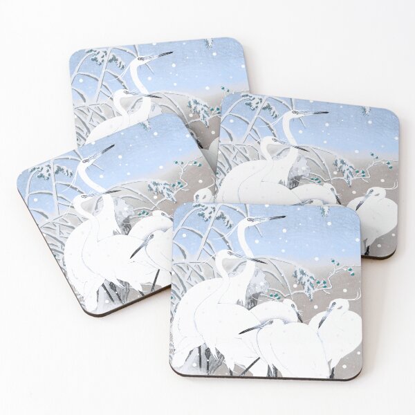 Item preview, Beautiful Cute Vintage Japanese Pastel Blue five Egrets, Small White Herons In Snow designed and sold by TrulyEpoque.