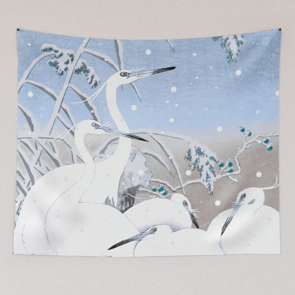 Item preview, Beautiful Cute Vintage Japanese Pastel Blue five Egrets, Small White Herons In Snow designed and sold by TrulyEpoque.