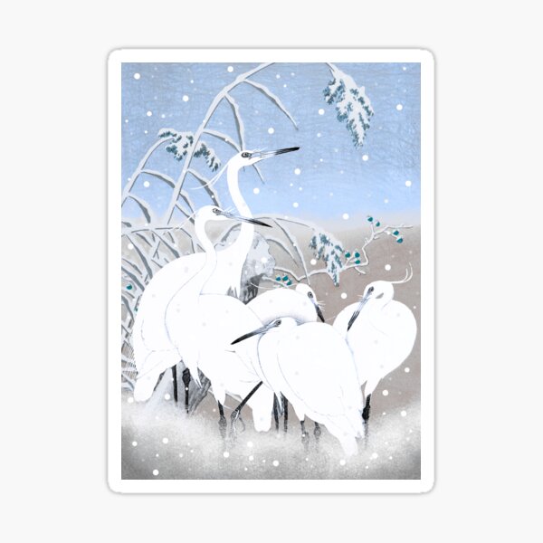 Item preview, Beautiful Cute Vintage Japanese Pastel Blue five Egrets, Small White Herons In Snow designed and sold by TrulyEpoque.