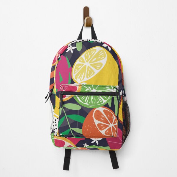 Item preview, Colorful, juicy pattern with tropical fruits like lemon, pineapple, coconut, pitaya, dragonfruit, lime, banana, orange on dark background designed and sold by marina63.