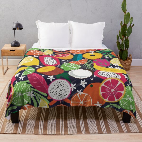 Item preview, Colorful, juicy pattern with tropical fruits like lemon, pineapple, coconut, pitaya, dragonfruit, lime, banana, orange on dark background designed and sold by marina63.