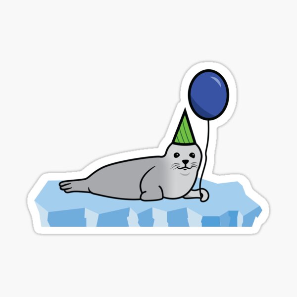 Harp seal with balloon and party hat on ice Sticker