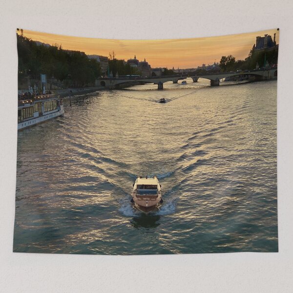 Item preview, Boat navigating the Seine river at sunset designed and sold by Travel Planet.