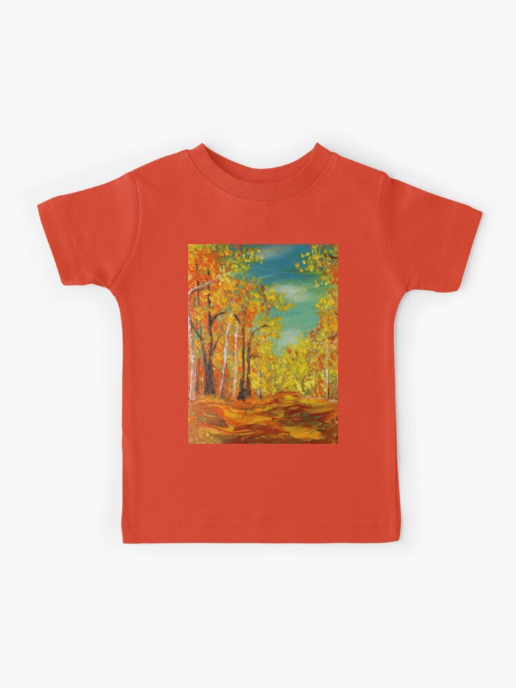 nature landscape painting turquoise sky yellow orange fall autumn birch  trees