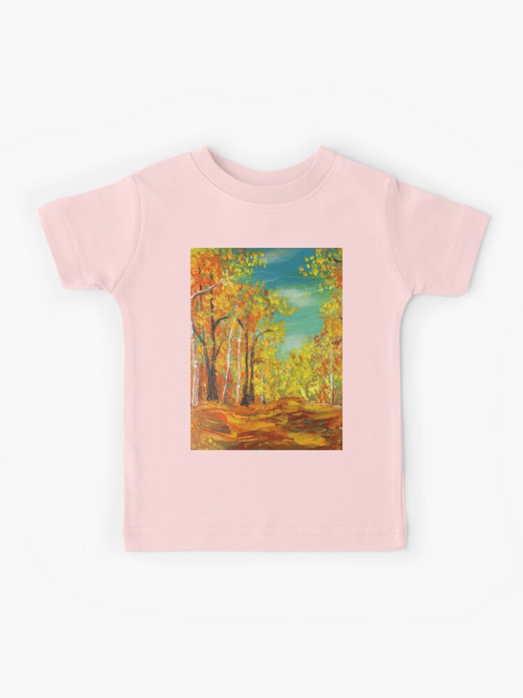 nature landscape painting turquoise sky yellow orange fall autumn birch  trees\