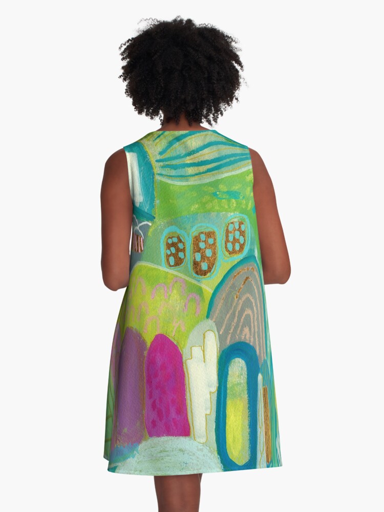 Thumbnail 3 of 4, A-Line Dress, Green Blue Abstract Village designed and sold by suzanneallard.