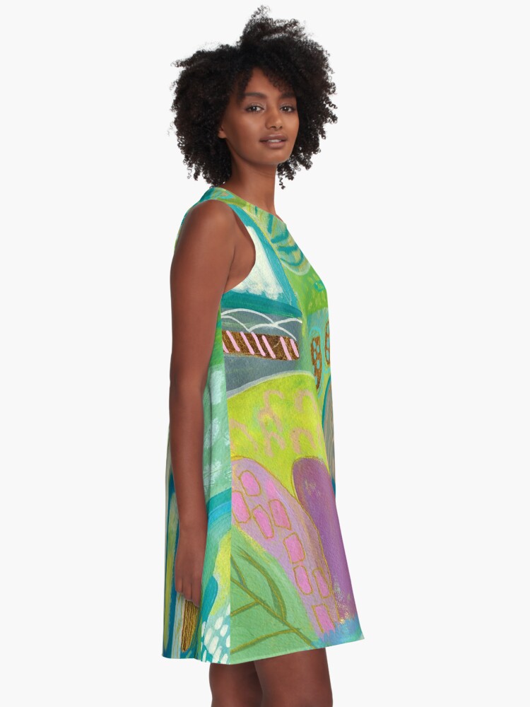 Thumbnail 2 of 4, A-Line Dress, Green Blue Abstract Village designed and sold by suzanneallard.
