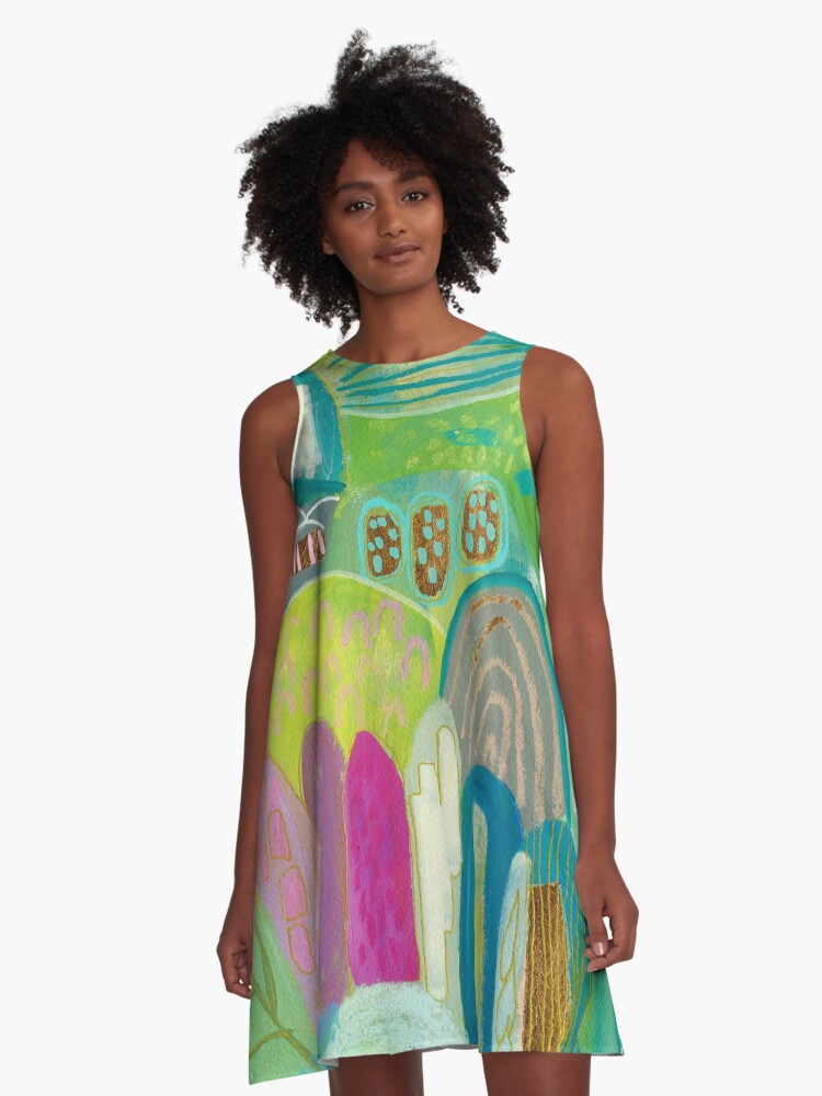 Thumbnail 1 of 4, A-Line Dress, Green Blue Abstract Village designed and sold by suzanneallard.