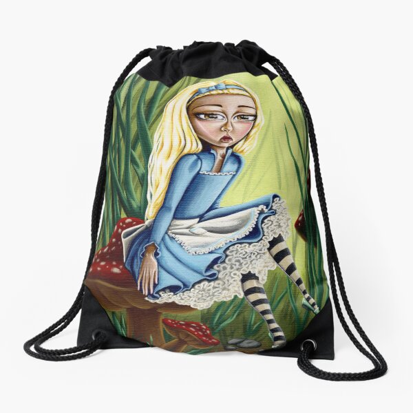 Alice Resting On A Mushroom big eye fantasy wonderland art Drawstring Bag