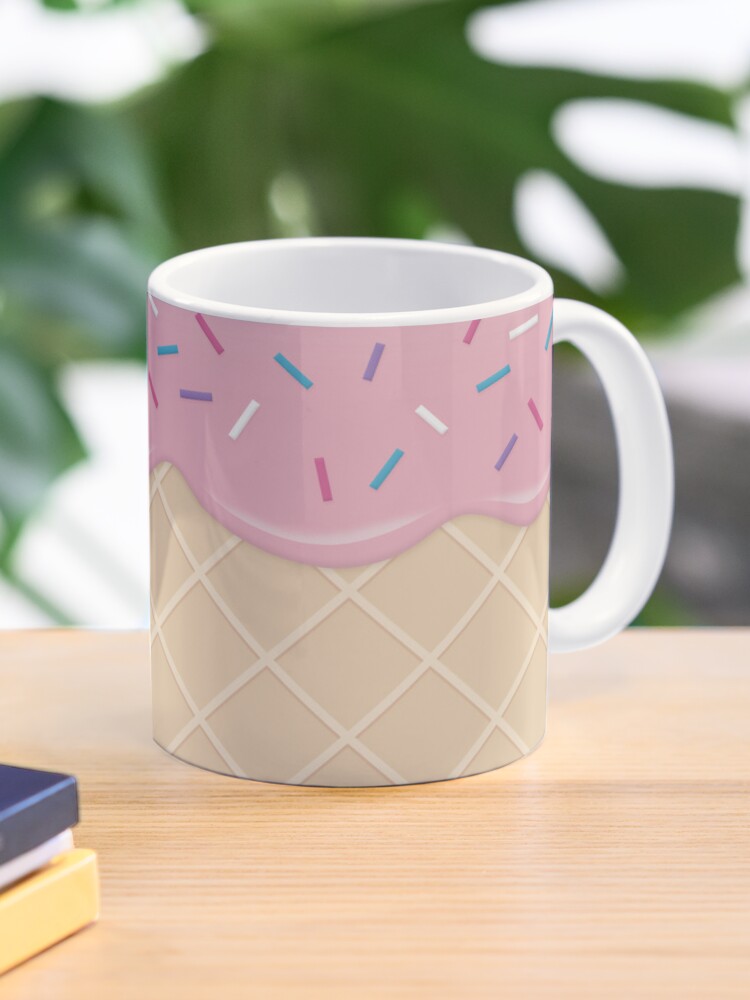 Ice Cream Mug, Waffle Cone Pink Strawberry Ice Cream With