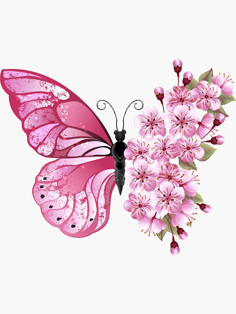 Sticker mural - Fleurs de cerisier avec papillons