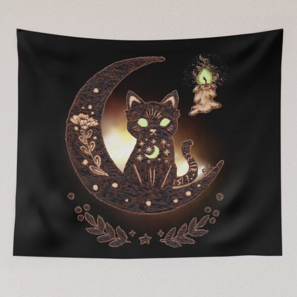 Item preview, Black Kitty Moon Candle Flame Woodburn designed and sold by MoodyMuseArt.