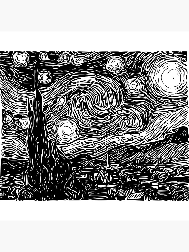 Póster La noche estrellada de Vincent van Gogh Versión en blanco y negro Dibujo vectorial