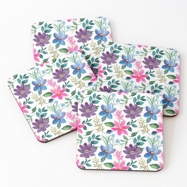 Item preview, Pink, Purple, Blue Watercolor Floral Pattern on White Background designed and sold by linime1984.